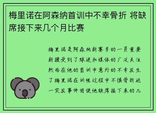 梅里诺在阿森纳首训中不幸骨折 将缺席接下来几个月比赛