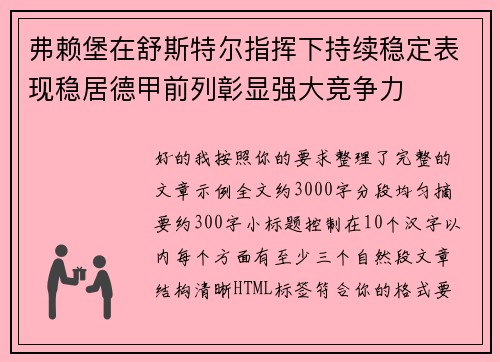 弗赖堡在舒斯特尔指挥下持续稳定表现稳居德甲前列彰显强大竞争力 弗赖堡在舒斯特尔指挥下持续稳定表现稳居德甲前列彰显强大竞争力